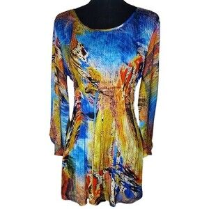 Sunny Leigh XS Boho Silky Colorful Fall Split Bell Flowy Sleeve Mini Pleat Dress